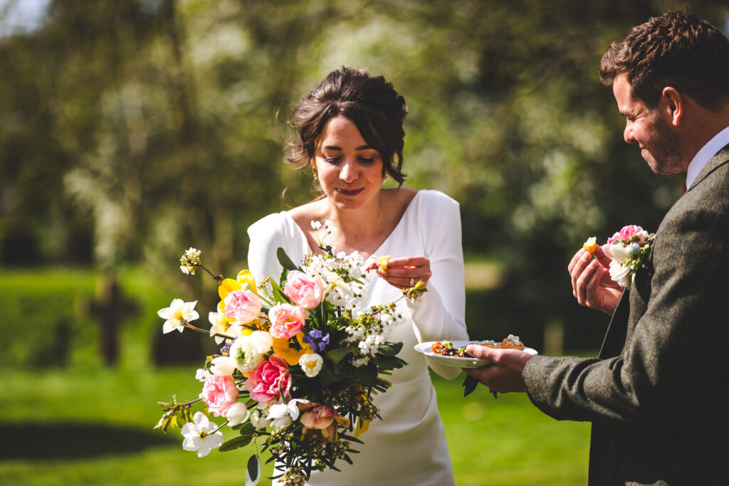 Wedding couples enjoying canapés