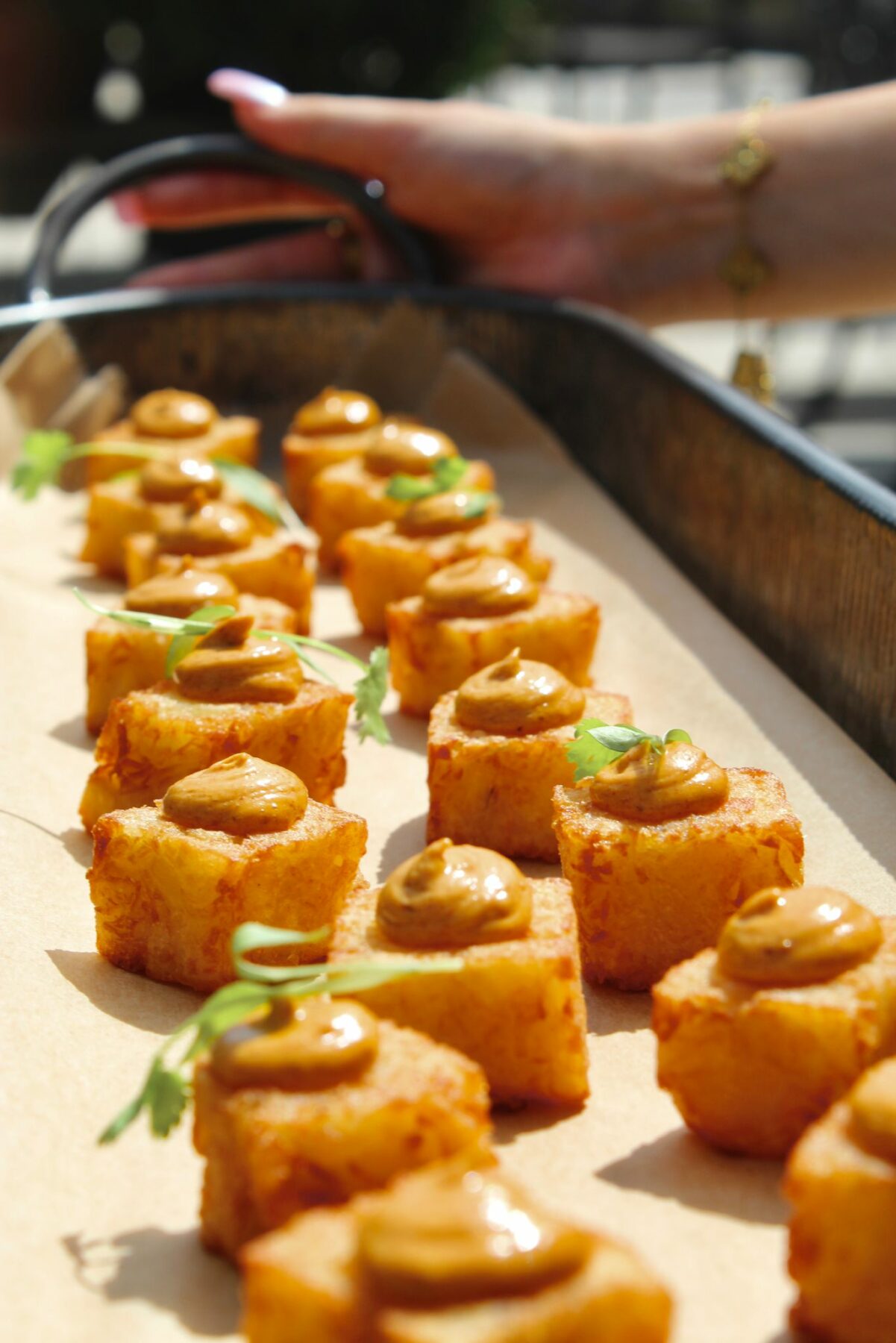Crispy golden hash browns with nduja mayonnaise 