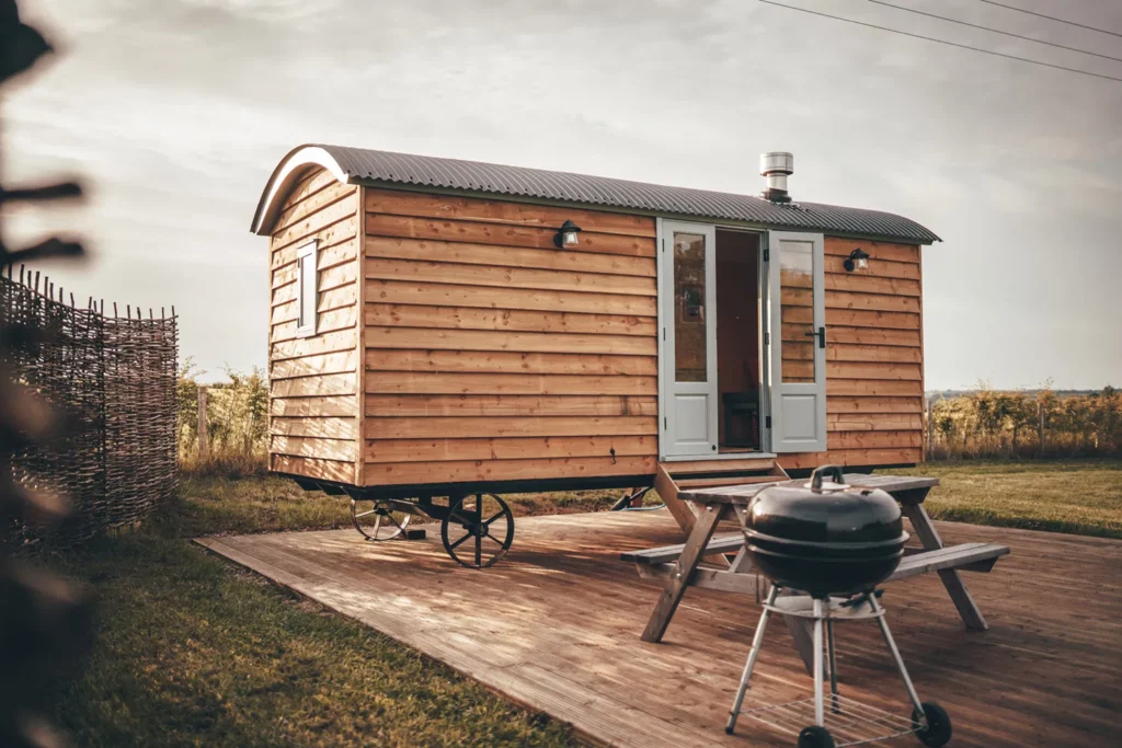 A cosy shepherd hut at The Old Cow Shed